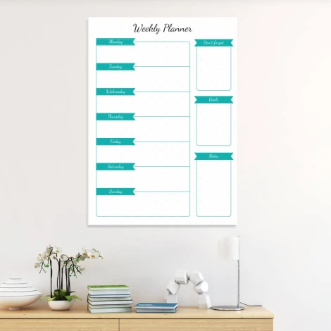Weekly planner dry-erase board 407 - Office setup with light walls, wooden furniture, and minimalist style.