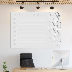 Weekly planner dry-erase board 423 - Office setup with light-colored walls and wooden ceiling elements.
