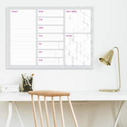 Weekly planner dry-erase board 427 - Office setup with light walls, wooden chair, and lamp.