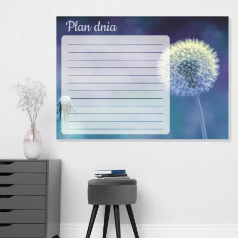 Dandelion dry-erase daily planner board - Modern office decor with light gray walls.