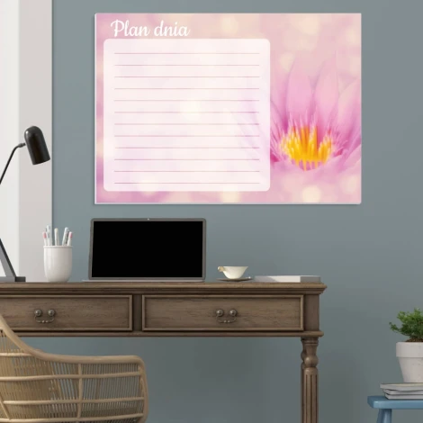 Lotos 361 dry-erase planner board - Office setup with blue wall, wooden desk, and lamp.