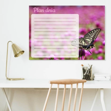Butterfly dry-erase daily planner board 366 - Graphic design with a butterfly on a pink floral background and writing lines.