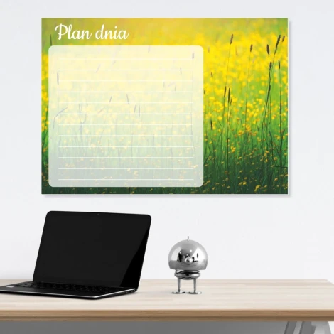 Dry-erase daily planner board 364 - Office setup with light-colored walls, a table with a laptop and lamp.