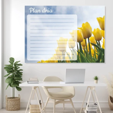 Day planner whiteboard with tulips 362 - Office arrangement. Light-colored walls, modern furniture.