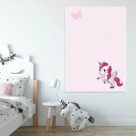 Unicorn and butterfly dry-erase board for kids, styled in a bright children\'s room with light walls and furniture.