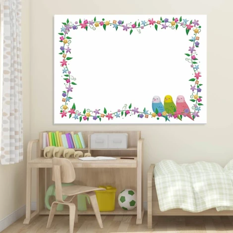 Dry-erase board for kids with colorful birds and flowers on a white background. Design 304.