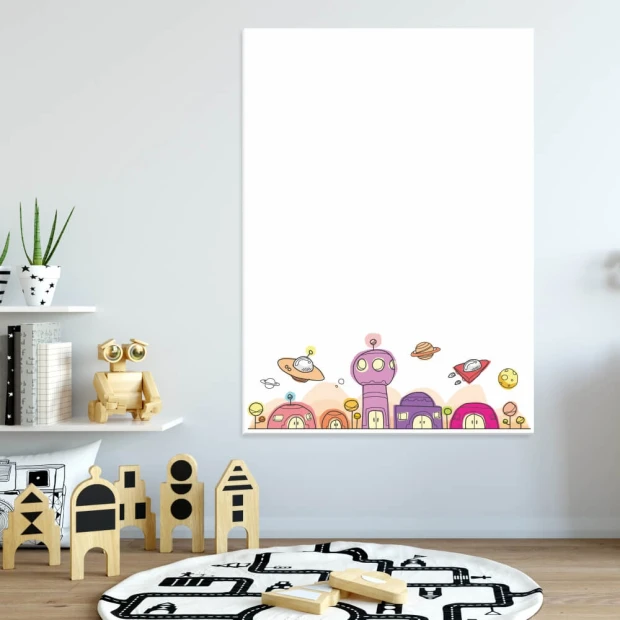Dry-erase board for kids, Cosmic Adventure 311 - Features colorful houses and planets in the design.