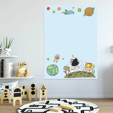Dry-erase board for kids, space theme 307 - Features astronaut and rocket illustrations on a blue background.