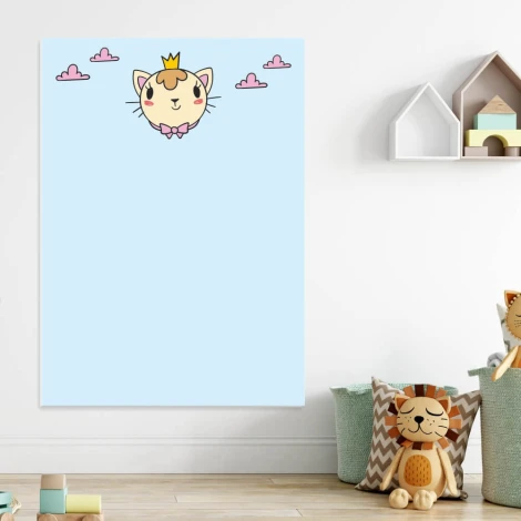 Dry-erase board for kids featuring a cat with a crown on a blue background.