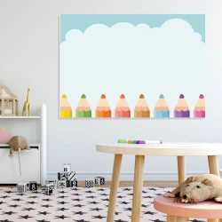 Dry-erase board for kids with crayons 303 - Decorated in a bright children\'s room with carpeted flooring.