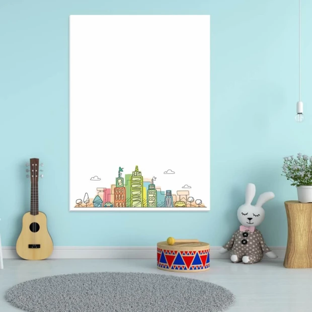 Dry-erase board for kids city theme 309 - Decor in a child\'s room with light-colored walls and wooden floor.