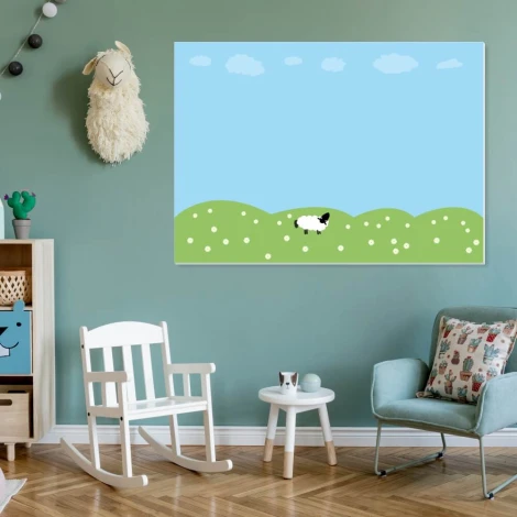 Dry-erase board for kids featuring a sheep in a meadow design with a green field against a blue sky.