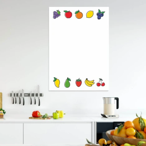 Dry-erase kitchen board with a vegetable and fruit design featuring colorful grapes at the top.