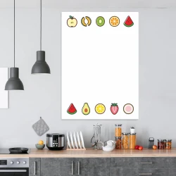 Dry-erase kitchen board with vegetable and fruit design. Colorful fruit illustrations on a white background.