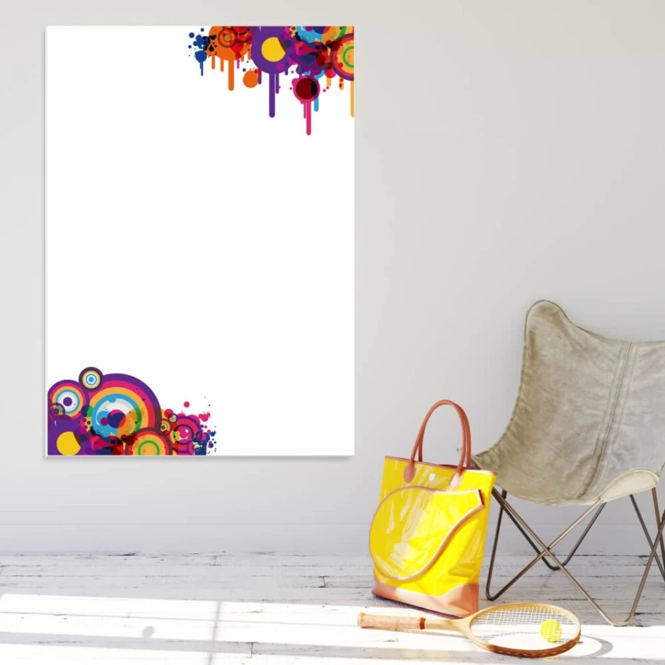 Abstract whiteboard 551 - Colorful shapes and splashes in vibrant hues on a white background.
