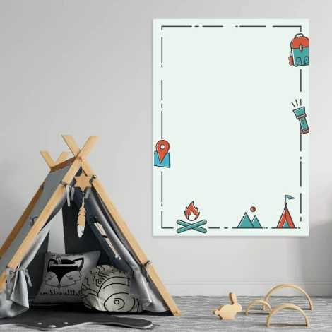 Camping dry-erase board 552 - Styled in a children\'s room with light-colored walls and a tent with pillows nearby.
