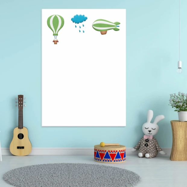 Dry-erase board for kids featuring balloons, clouds, and airships in pastel colors.