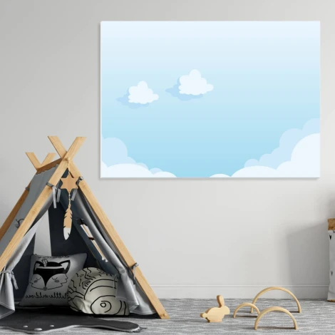 Dry-erase board for kids with cloud design, perfect for a bright children\'s room with a tent in the background.