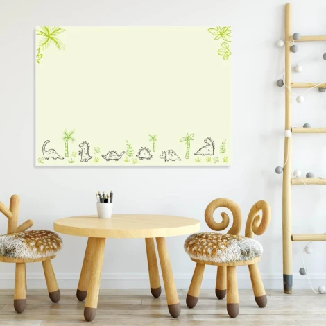 Dinosaur dry-erase board for kids - Brightly colored room decor with wooden furniture.
