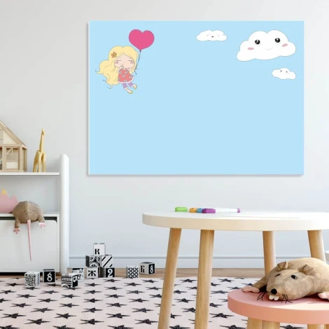 Dry-erase board for girls with cloud design, perfect for a child\'s room. Light-colored walls and flooring.