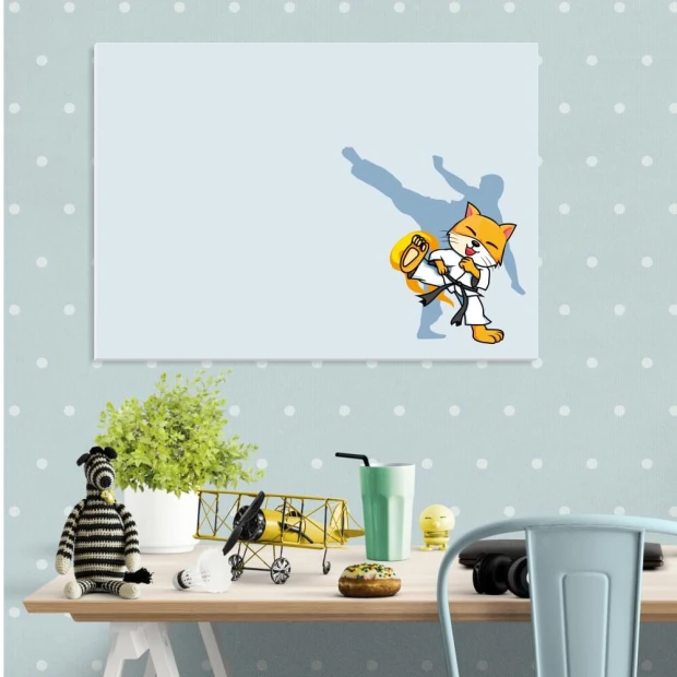 Dry-erase board for kids karate 572 - Graphic design. Karate cat with a brown belt, shadow figure in the background.