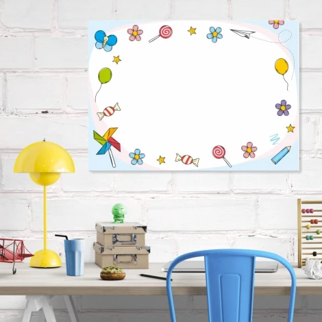 Dry-erase board for kids with colorful patterns, perfect for bright office decor and furniture.