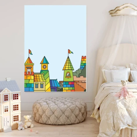 Colorful dry-erase board for kids featuring a castle design with towers and roofs in various shapes.