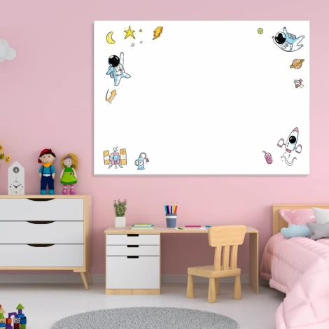 Dry-erase board for kids, space theme 575 - Decor for a child\'s room with pink walls and white furniture.