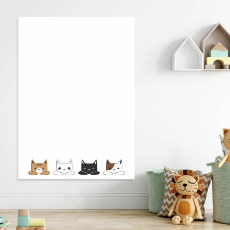 Dry-erase board for kids featuring cats, designed for a bright, minimalist children\'s room.