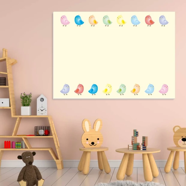 Dry-erase board for kids featuring chickens, styled in a bright children\'s room with light walls and wooden furniture.