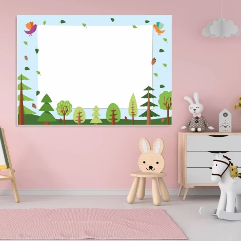 Dry-erase board for kids featuring a forest and birds design, perfect for a pink-themed children\'s room with light furniture.