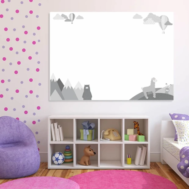 Whiteboard for kids featuring mountains, a bear, a llama, and balloons in a fun graphic design.