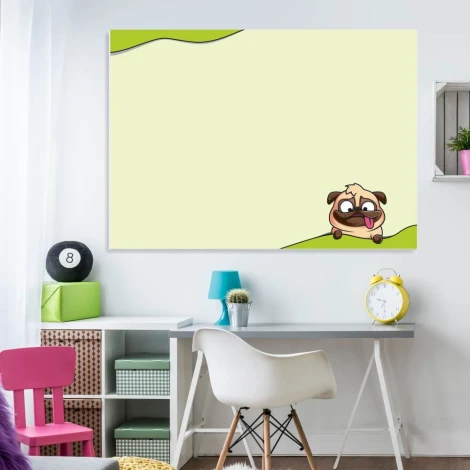Dry-erase board for kids featuring a dog design, perfect for bright children\'s rooms with colorful furniture.