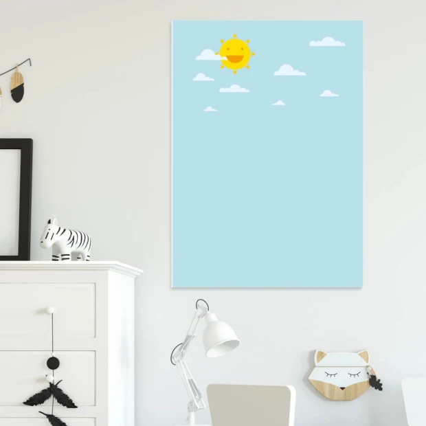 Dry-erase board for kids with sun and clouds design, perfect for brightening up a child\'s room with light-colored walls and furniture.