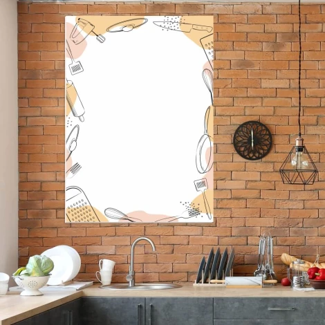 Dry-erase board for the kitchen with graphic design featuring outlined dishes and kitchen utensils.