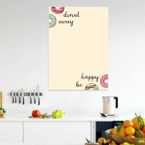 Dry-erase kitchen board Donut worry be happy 533 - Features colorful donuts on a light background.