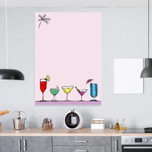 Dry-erase board for kitchen drinks, featuring various glasses on a pink background.