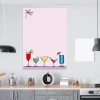 Dry-erase board for kitchen drinks, featuring various glasses on a pink background.