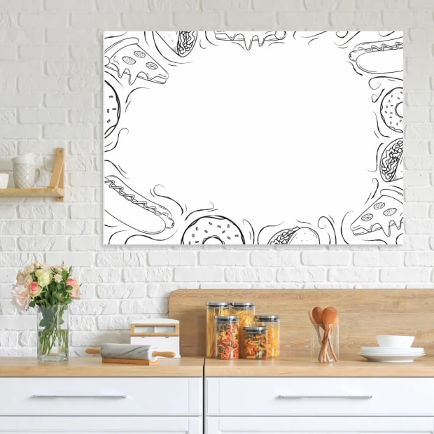 Fast food kitchen dry-erase board 537 - Graphic design featuring outlined food like hamburgers and hot dogs.