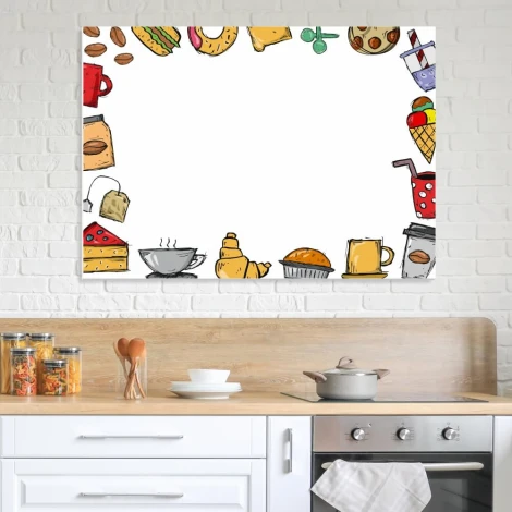 Whiteboard for kitchen with food and drink graphics in color on a white background.