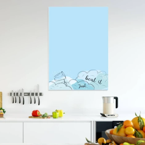 Dry-erase board for the kitchen Just Beat It 532 - Graphic design with blue cloud background and "beat it" text.