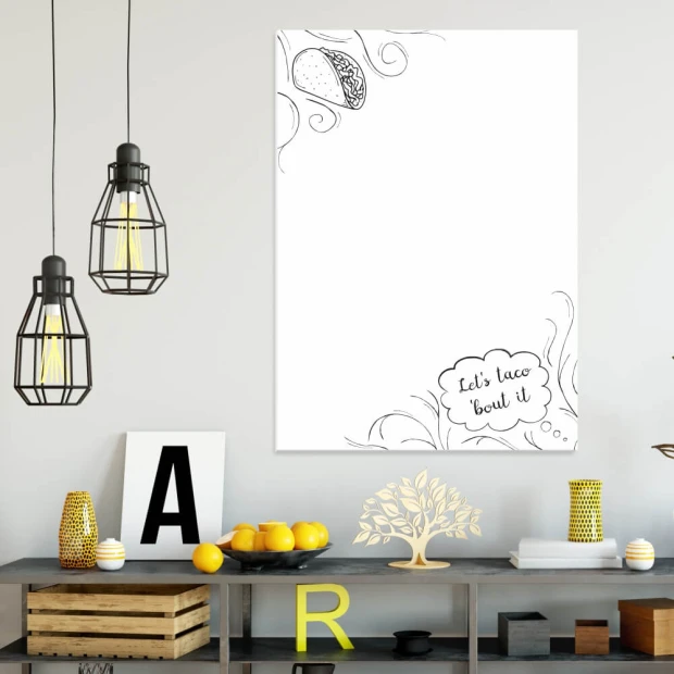 Dry-erase board for the kitchen, Lets taco bout it 531 - Graphic design with taco outlines and text on a white background.