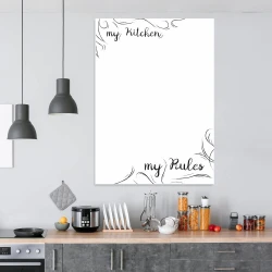 Dry-erase board for the kitchen with the design "My Kitchen My Rules" featuring stylish graphics.