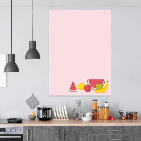 Dry-erase board for the kitchen featuring fruit illustrations: watermelon and lemon on a pink background.