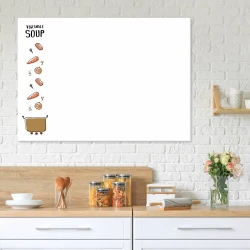 Dry-erase board for the kitchen featuring a vegetable soup design with a pot and text.