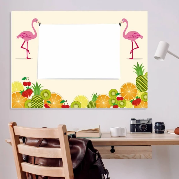 Dry-erase board with flamingos 402 - Graphic design featuring two flamingos surrounded by brightly colored fruits.
