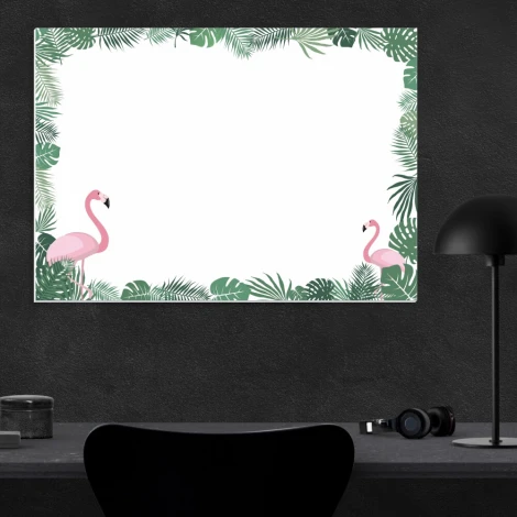 Dry-erase board with flamingos 497 - Graphic design featuring two pink flamingos surrounded by green leaves.