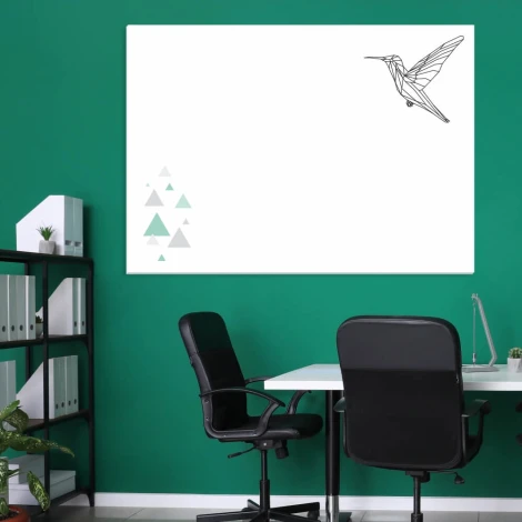 Hummingbird 455 whiteboard - Office setup with a green wall, white furniture, and minimalist style.