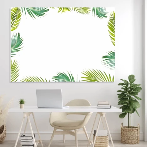 Dry-erase board with green leaves on a white background, framing an empty space.