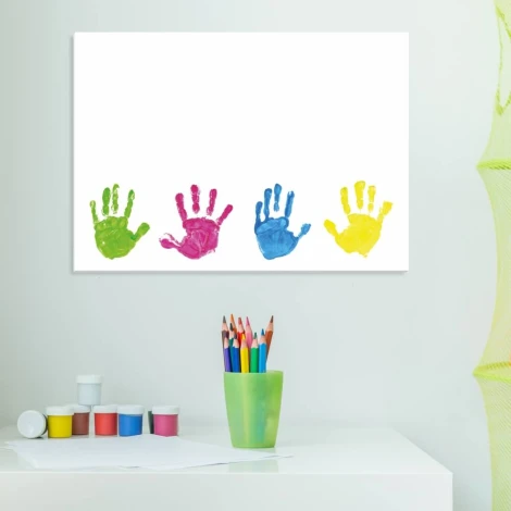 Handprint dry-erase board 336 - Graphic design. Five handprints in green and pink on a white background.